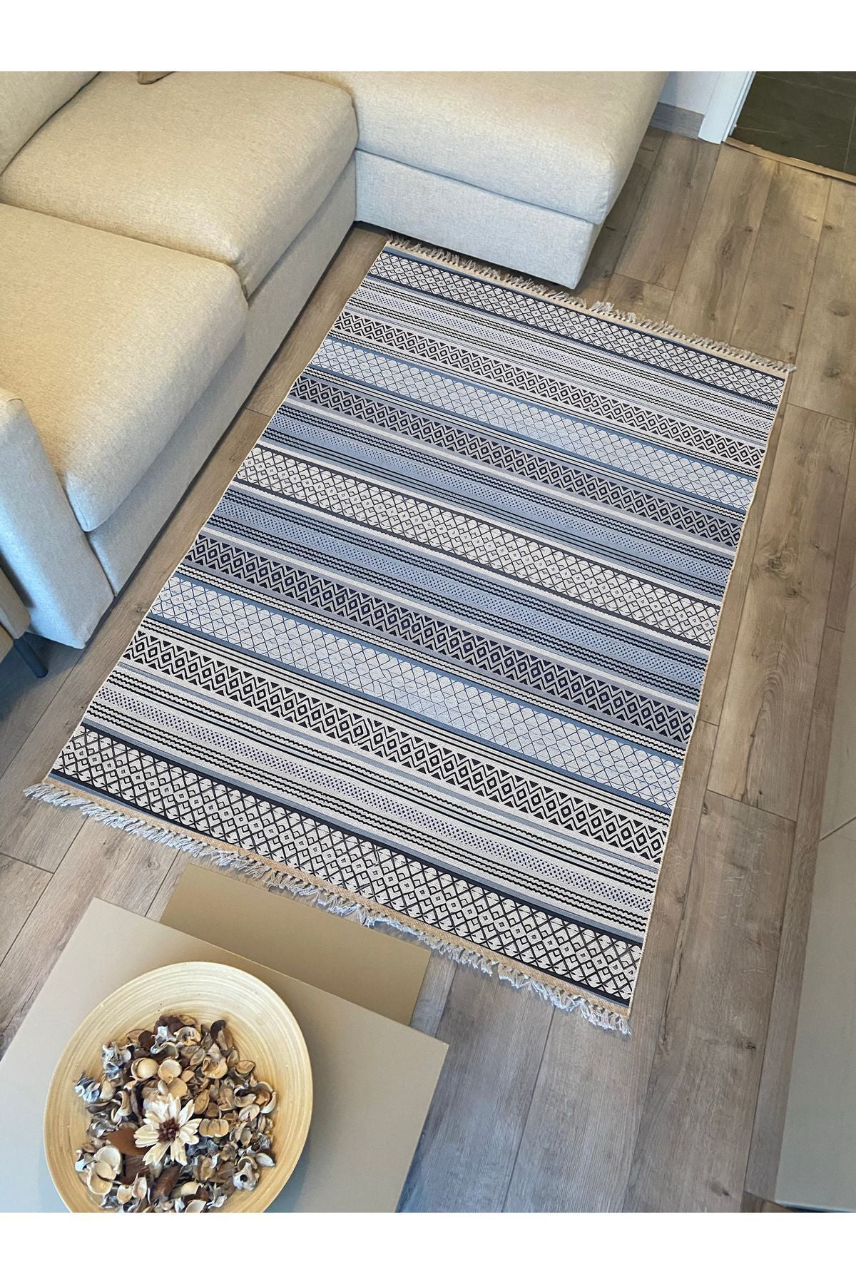 Cotton Kilim 9 Mavi Tonunda Geometrik Desenli Dekoratif Yıkanabilen Dokuma Taban Kilim
