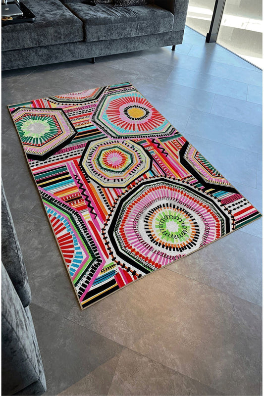 Halı Vagonu 92 Fuşya Tonlarında Klasık Dekoratif Kilim Salon Halısı Saçaklı Yıkanabilen Halı