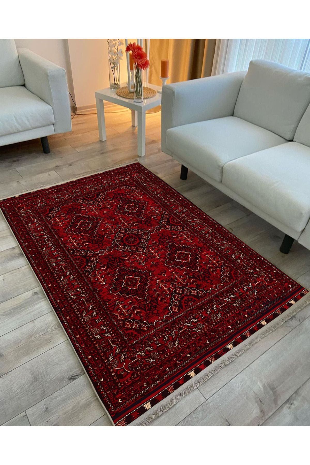 Halı Vagonu 2168 Bordo Tonlarında Geleneksel Klasik Yıkanabilen Dekoratif Halı