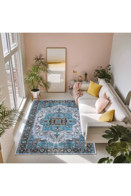 Halı Vagonu 2251 Mavi Bordürlü Modern Yıkanabilen Dokuma Taban Dekoratif Halı