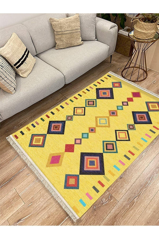 Cotton Serisi Sarı Tonunda Bordürlü Desen Dekoratif Dokuma Taban Kilim - HALI VAGONU