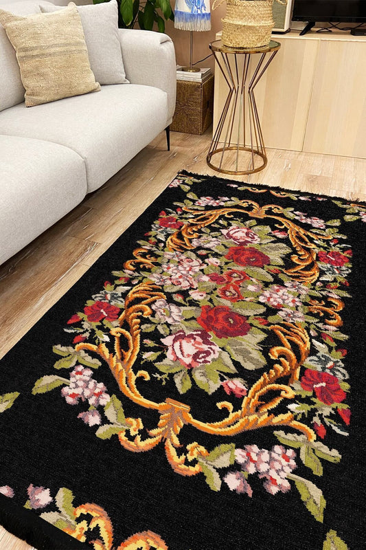 Halı Vagonu 2005 Siyah Tonunda Çiçekli Desen Kaymaz Taban Dekoratif Halı