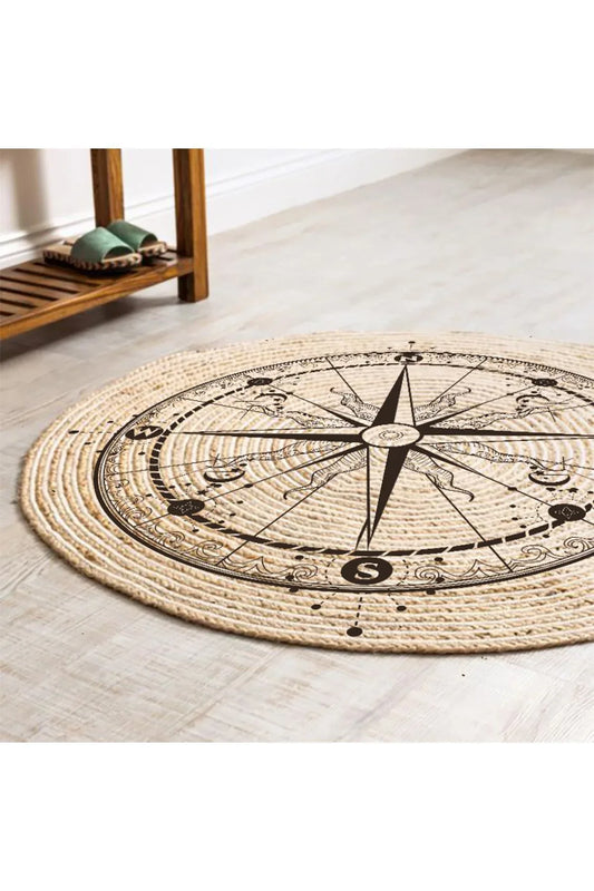 Boho 942 Pusula Tema Etnik Örgü Yuvarlak Natural Renk Çift Taraflı Halı - HALI VAGONU