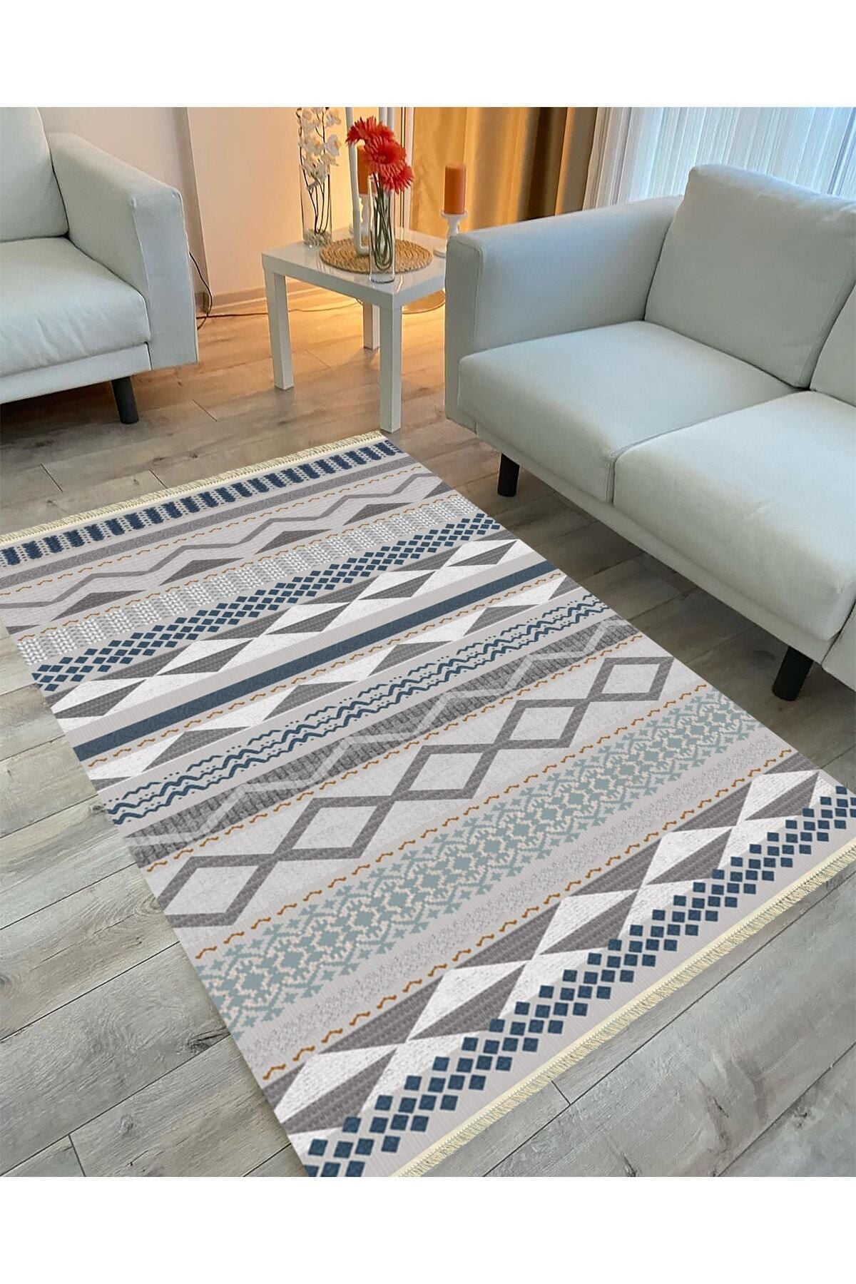 Cotton Serisi Hasır Görünümlü Gri Tonlarında Eskitme Etnik Desen Dekoratif Dokuma Taban Kilim