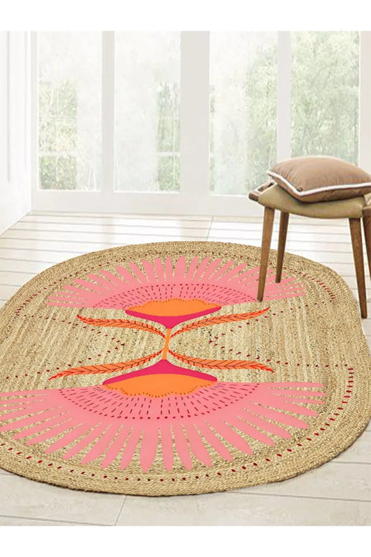 Boho 989 Jüt Hasır Etnik Desenli Oval Jüt Örme Doğal Hasır Natural Oval Halı - HALI VAGONU