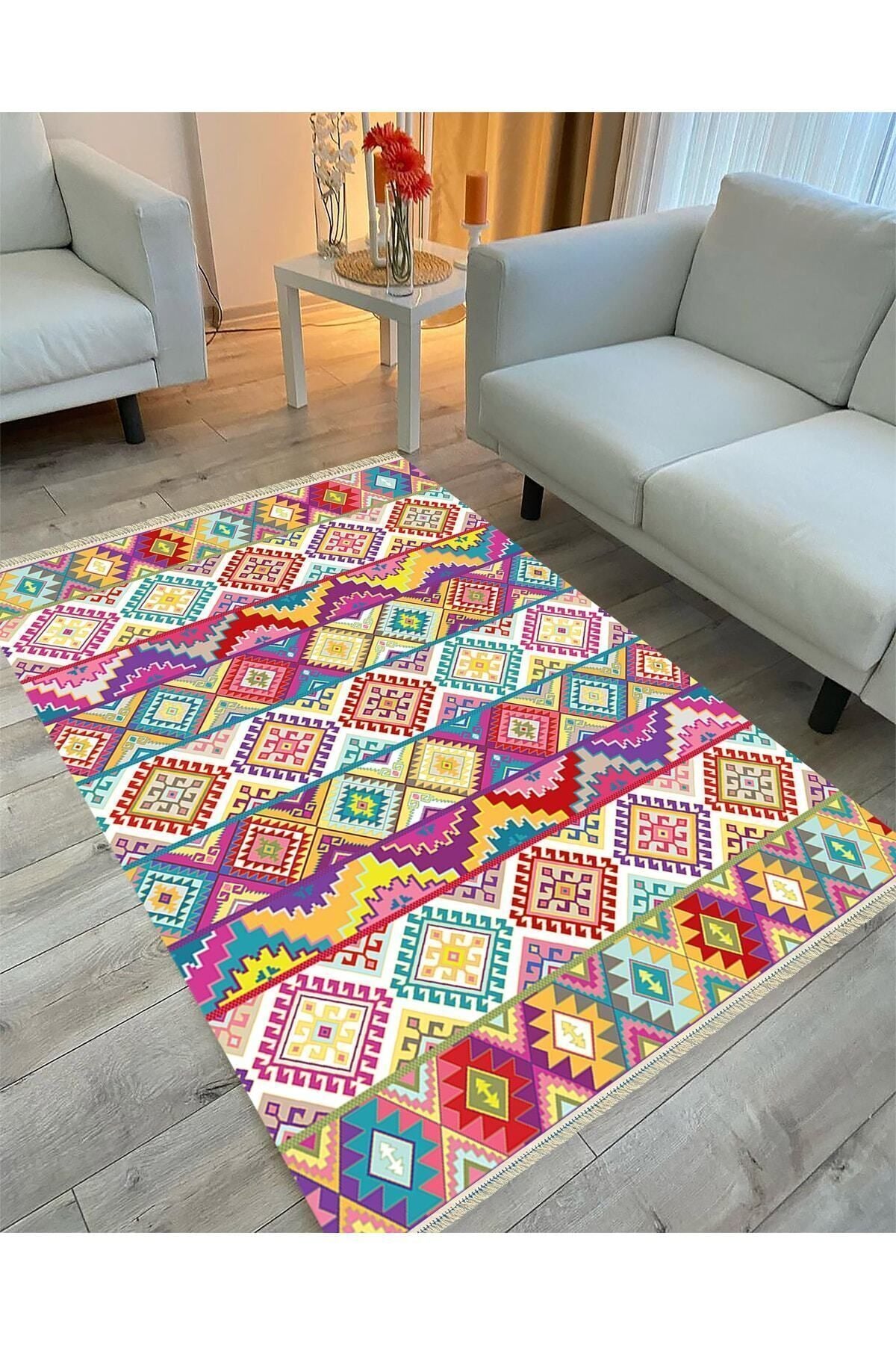 Cotton Serisi Multy Tonlarında Baklavalı Desen Dekoratif Dokuma Taban Kilim