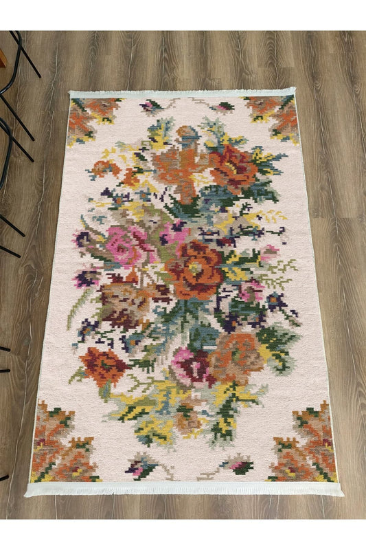 Halı Vagonu Serisi Multy Tonlarında Eskitme Çiçek Desen Kaymaz Taban Şönil Halı