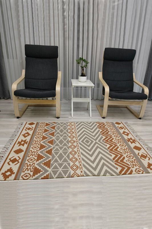 Cotton Serisi Kahve Ve Gri Tonlarında Otantik Geometrik Desenli Dekoratif Dokuma Taban Kilim