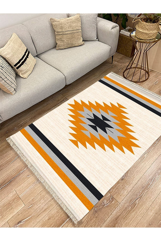 Cotton Serisi Krem Tonlarında Eskitm Desen Dekoratif Dokuma Taban Kilim