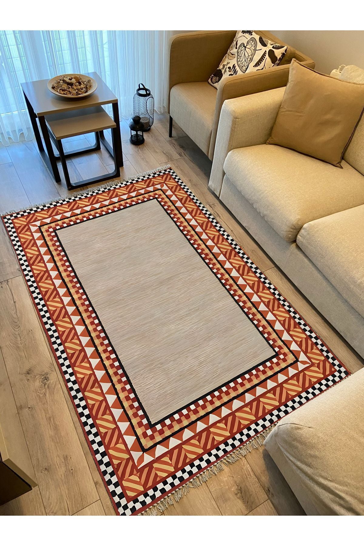 Cotton Kilim 20 Turuncu Zeminli Çizgili Desenli Dekoratif Yıkanabilen Dokuma Taban Kilim
