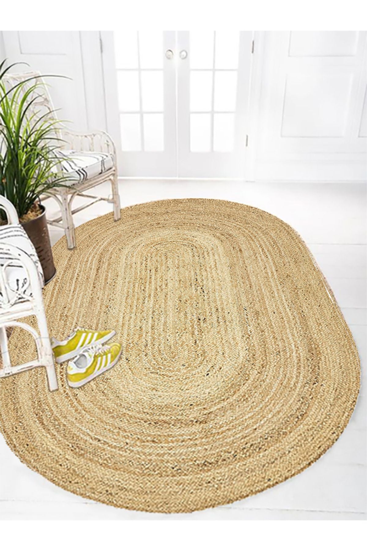 Boho 974 Oval Doğal Jüt Rengi Örgü Yuvarlak Natural Çift Taraflı Halı