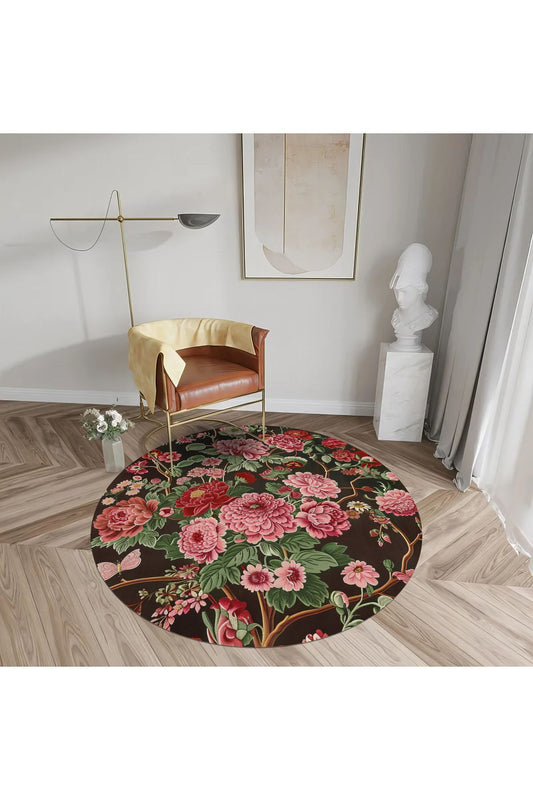Halı Vagonu 144 Bahar Çiçekleri Kırmızı Yeşil Çok Renkli Yuvarlak Halı