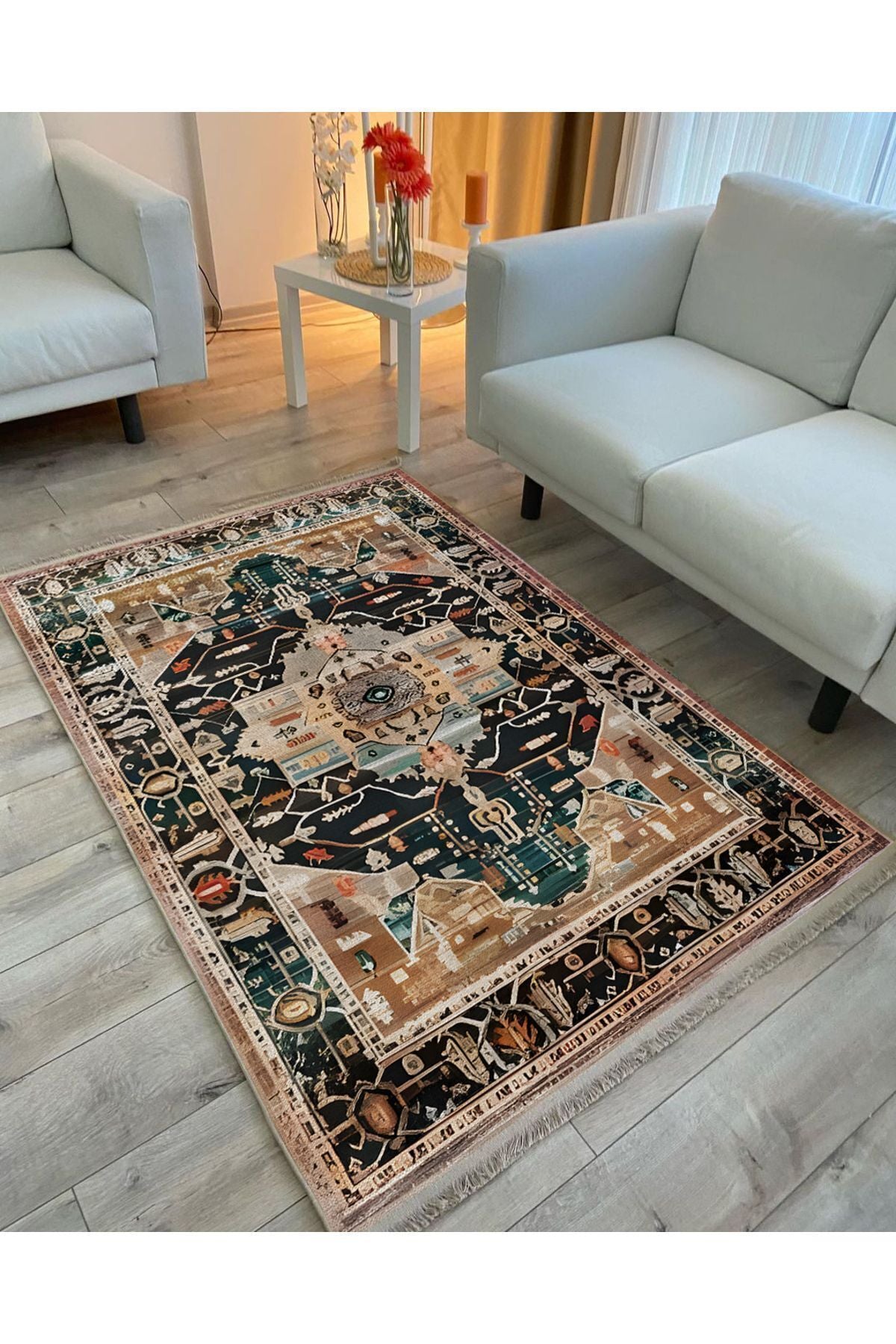 Halı Vagonu87 Etnik Desenli Yıkanabilir Kaymaz Tabanlı Salon Halısı, Koridor Ve Mutfak Halısı