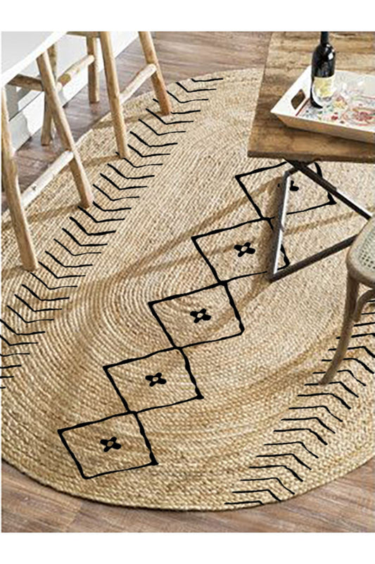 Boho 956 Oval Siyah Etnik Desenli Jüt Rengi Örgü Yuvarlak Natural Çift Taraflı Halı