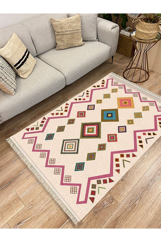 Cotton Serisi Krem Tonunda Geometrik Desenli Dekoratif Dokuma Taban Kilim