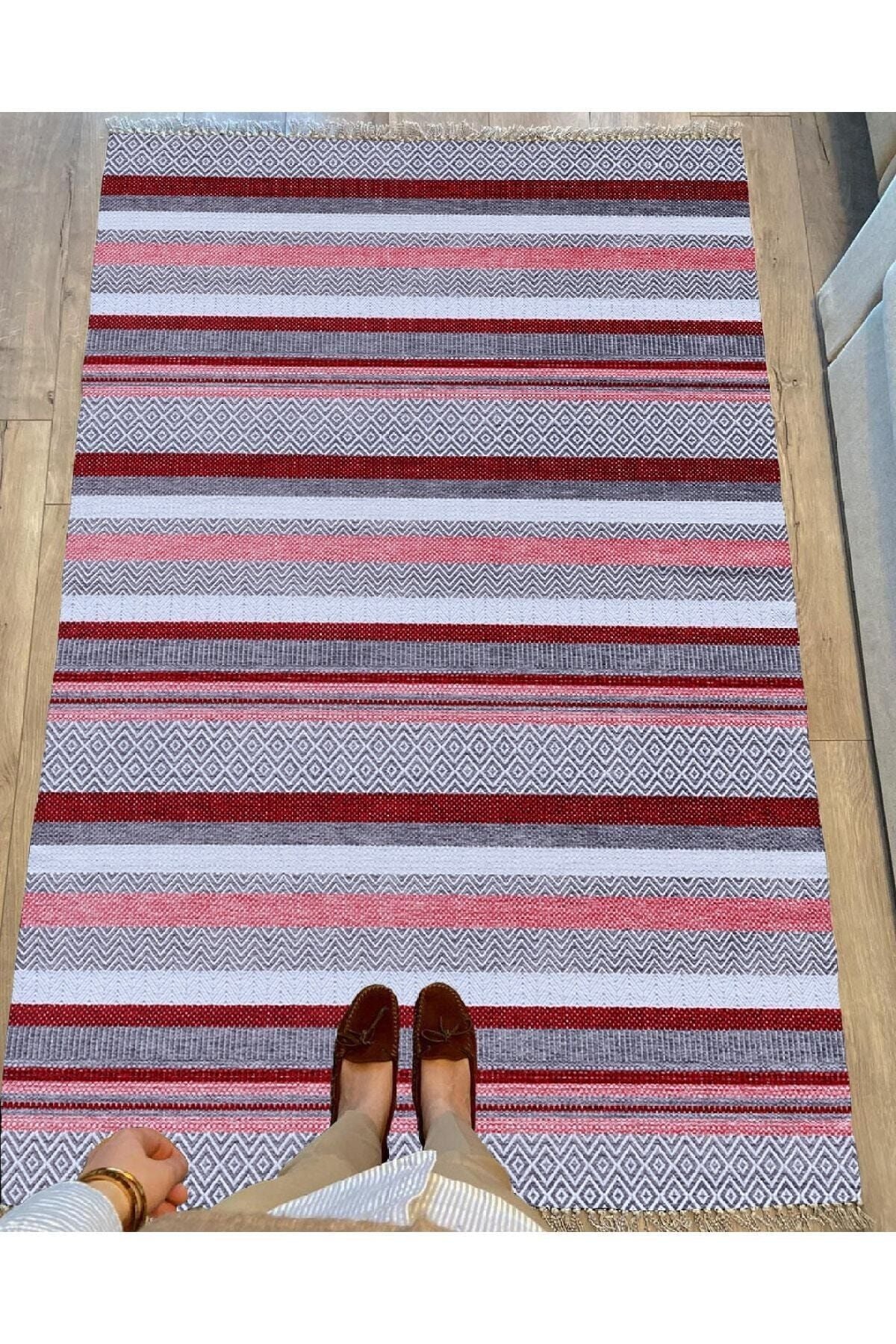 Cotton Serisi Hardal Tonlarında Geometrik Eskitme Desen Dekoratif Dokuma Taban Kilim