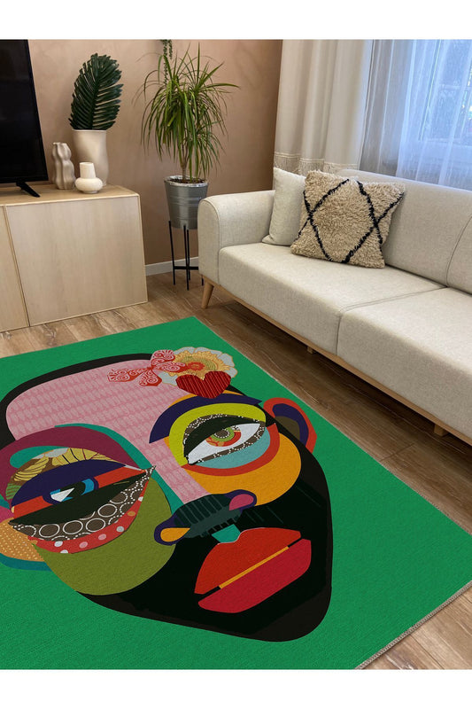 Halı Vagonu 4 Yeşil kadın silüetii Pamuk Dokuma Taban Halı