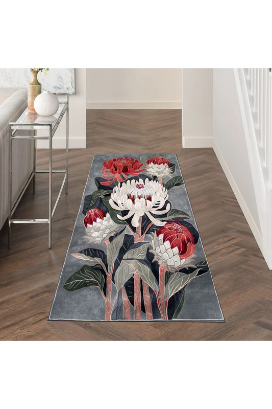 Halı Vagonu 147 Yeşil Kırmızı Büyük Çiçekli Floral Dokuma Taban Halı