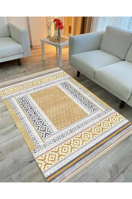 Cotton Serisi Sarı Yunan Motifli Eskitme Antik Otantik Desen Dekoratif Dokuma Taban Kilim - HALI VAGONU