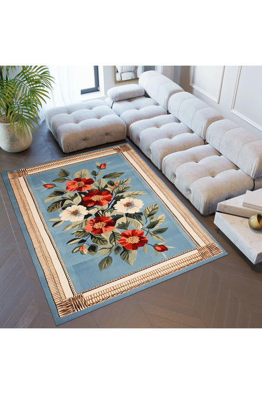 Halı Vagonu 206 Çiçekli Mavi Bordürlü Modern Kaymaz ve Dokuma Taban Dekoratif Halı