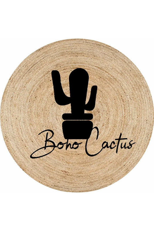 Boho 903 Doğa Ve Botanik Kaktüs Desenli Etnik Örgü Yuvarlak Natural Renk Çift Taraflı Halı - HALI VAGONU