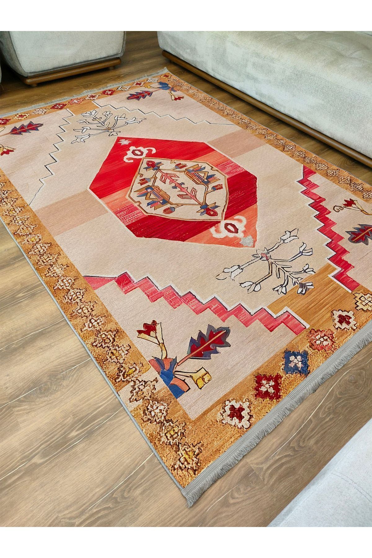 Halı Vagonu113 Etnik Clasik Halısı Dekoratif Salon Halısı Saçaklı Yıkanabilen Halı