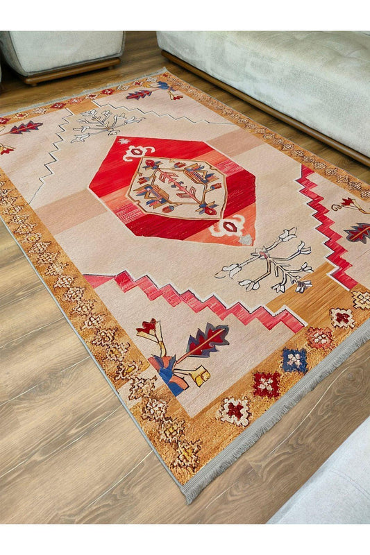 Halı Vagonu113 Etnik Clasik Halısı Dekoratif Salon Halısı Saçaklı Yıkanabilen Halı - HALI VAGONU