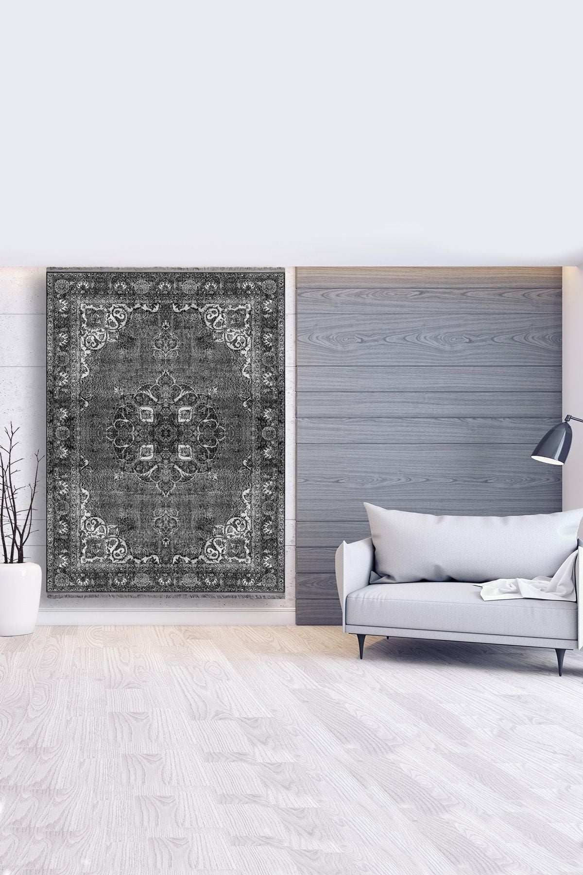 Halı Vagonu 2006 Gri Tonlarında Etnik Desen Kaymaz Taban Dekoratif Halı