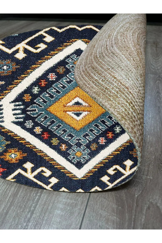 Boho 952 Lacivert Etnik Ve Geometrik Jüt Rengi Örgü Yuvarlak Natural Çift Taraflı Halı - HALI VAGONU