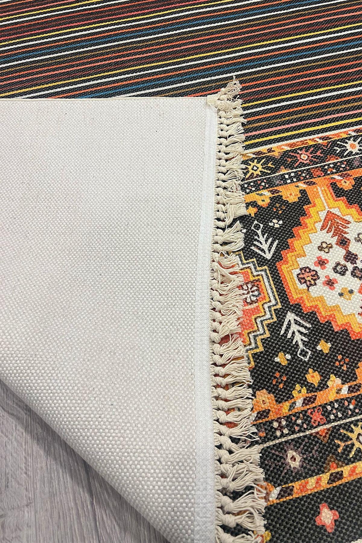 Cotton Siyah Etnik Otantik Desenli Çizgili Saçaklı Pamuk Taban Kilim 3593 - HALI VAGONU