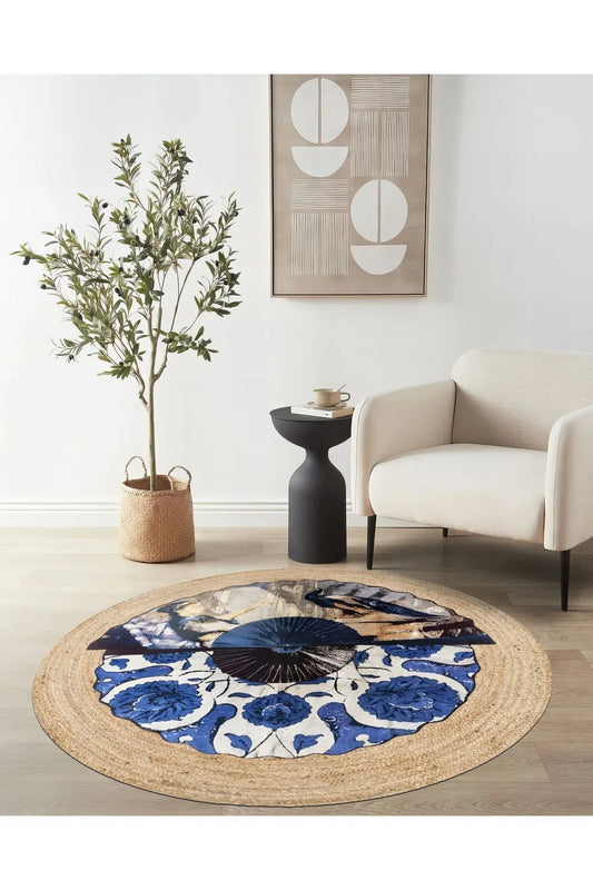 Boho 960 Blue Blanc Botanik Desenli Örgü Yuvarlak Natural Çift Taraflı Halı - HALI VAGONU