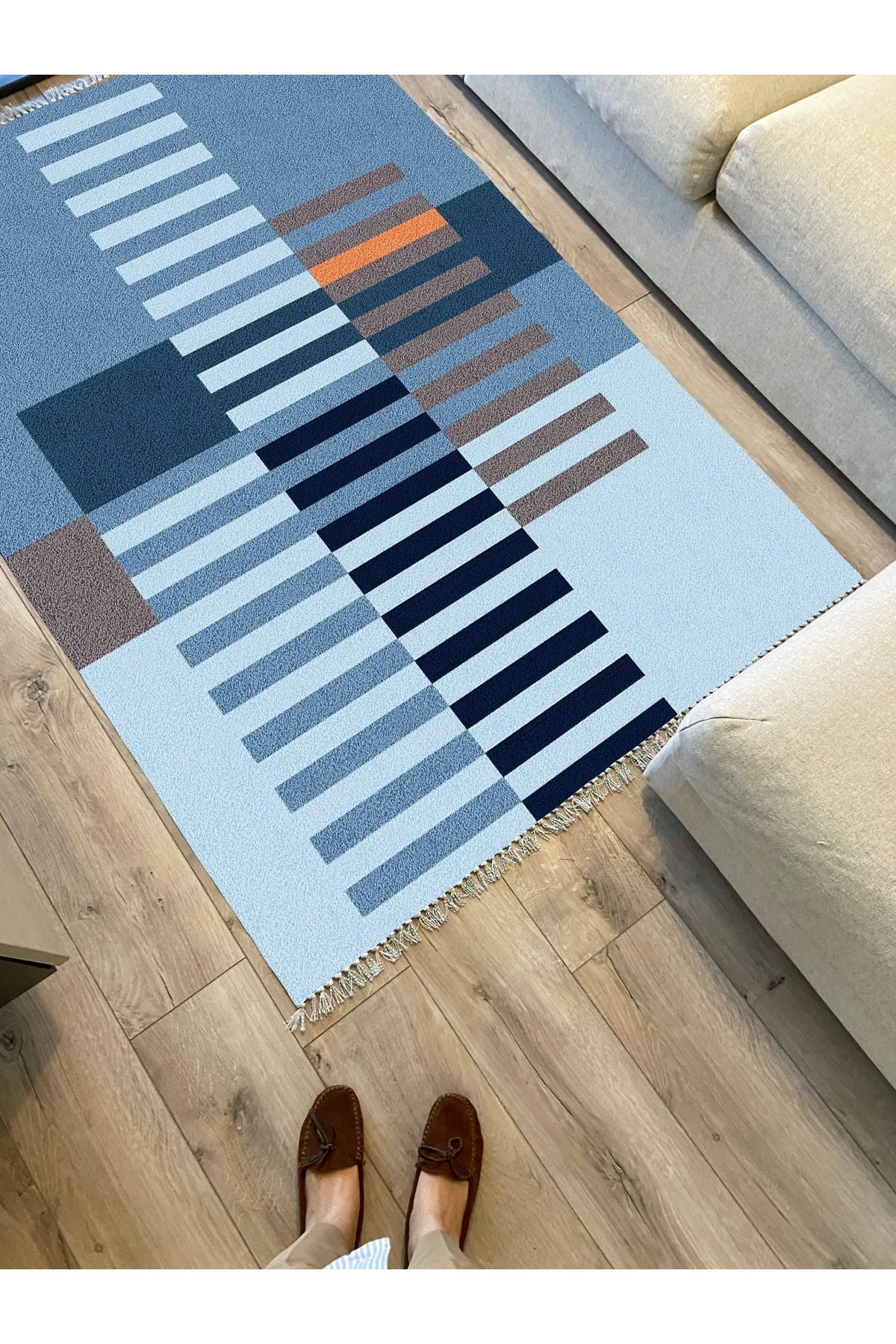 Cotton Kilim 81 Mavi Tonlarında Etnik Boho Stil Pamuk Taban