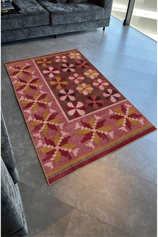 Halı Vagonu 108 Pastel Gül Kurusu Pembe Çiçekli Floral Dokuma Taban Salon Mutfak Halısı - HALI VAGONU