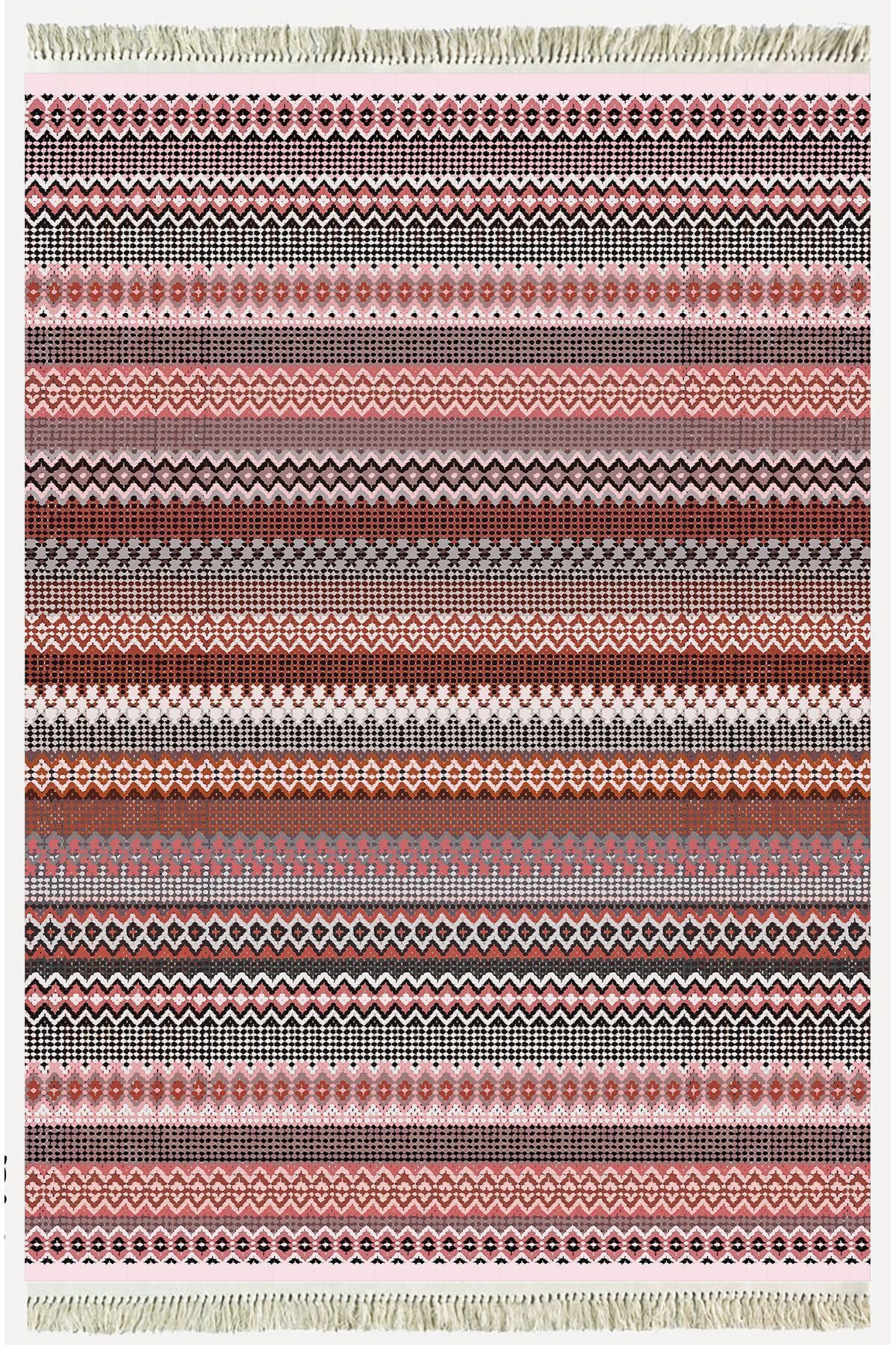 Cotton Kilim 22 Fuşya Zeminli Çizgili Desenli Dekoratif Yıkanabilen Dokuma Taban Kilim