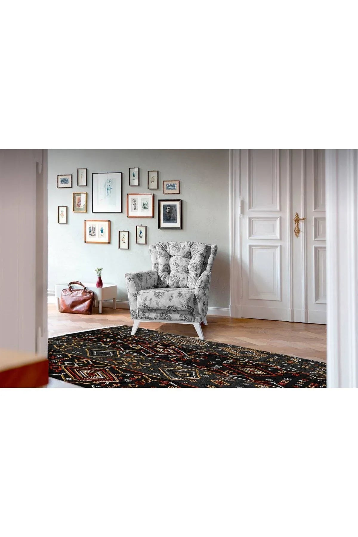 Cotton Serisi Siyah Gri Orta Çağ Motifli Otantik Eskitme Desenli Dekoratif Dokuma Taban Kilim - HALI VAGONU