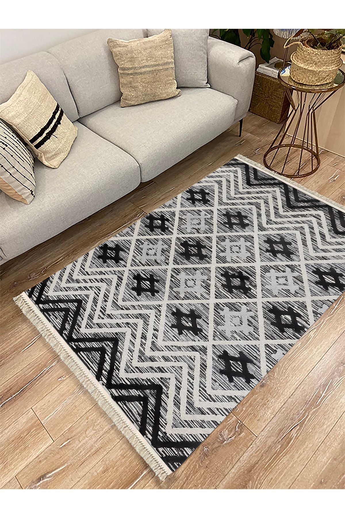 Cotton Kilim 15 Gri Zeminli Çizgili Desenli Dekoratif Yıkanabilen Dokuma Taban Kilim
