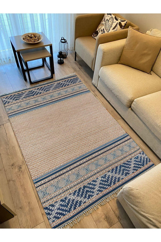 Cotton Kilim 18 Kahve Zeminli Çizgili Desenli Dekoratif Yıkanabilen Dokuma Taban Kilim - HALI VAGONU