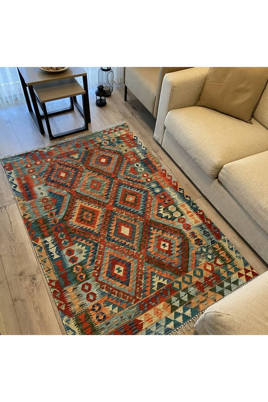 Cotton Serisi Açık Mavi Tonunda Baklavalı Geometrik Desen Dekoratif Dokuma Taban Kilim