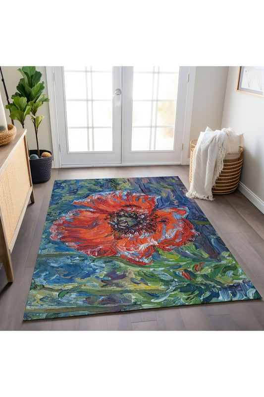 Halı Vagonu 163 Gelincik Kırmızı Lacivert Tuval Boya Efektli Dokuma Taban Halı