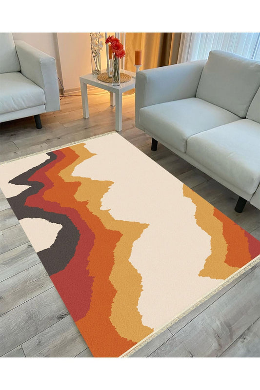 Cotton Serisi Kırmızı Tonlarında Alevli Modern Desen Dekoratif Dokuma Taban Kilim