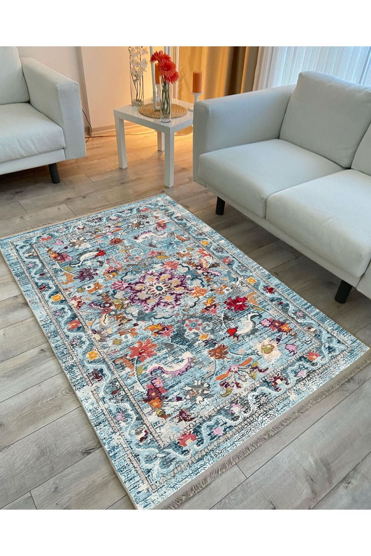 HV s 2165 Renkli Çiçek Desenli Yıkanabilir Kaymaz Tabanlı Salon Halısı, Koridor Ve Mutfak Halısı