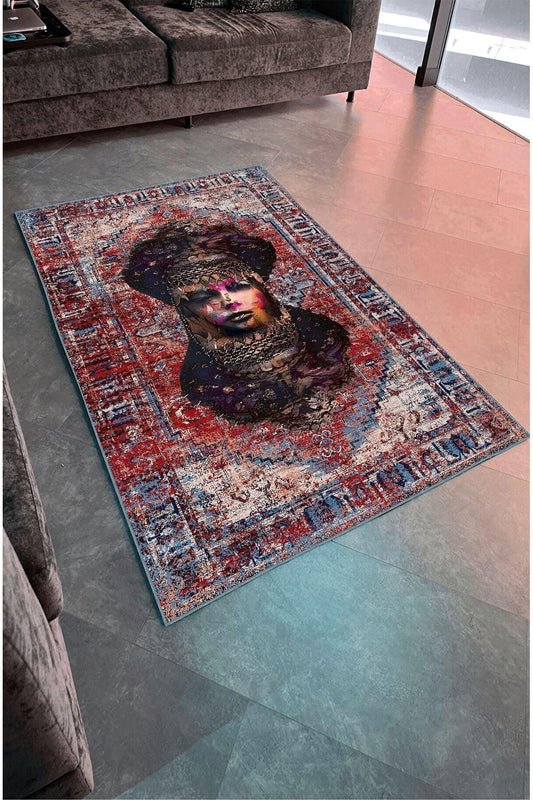 HV 126 Etnik Anadolu Halı Üzerine Kadın Suratı Dekoratif Salon Halısı Saçaklı Yıkanabilen Halı - HALI VAGONU