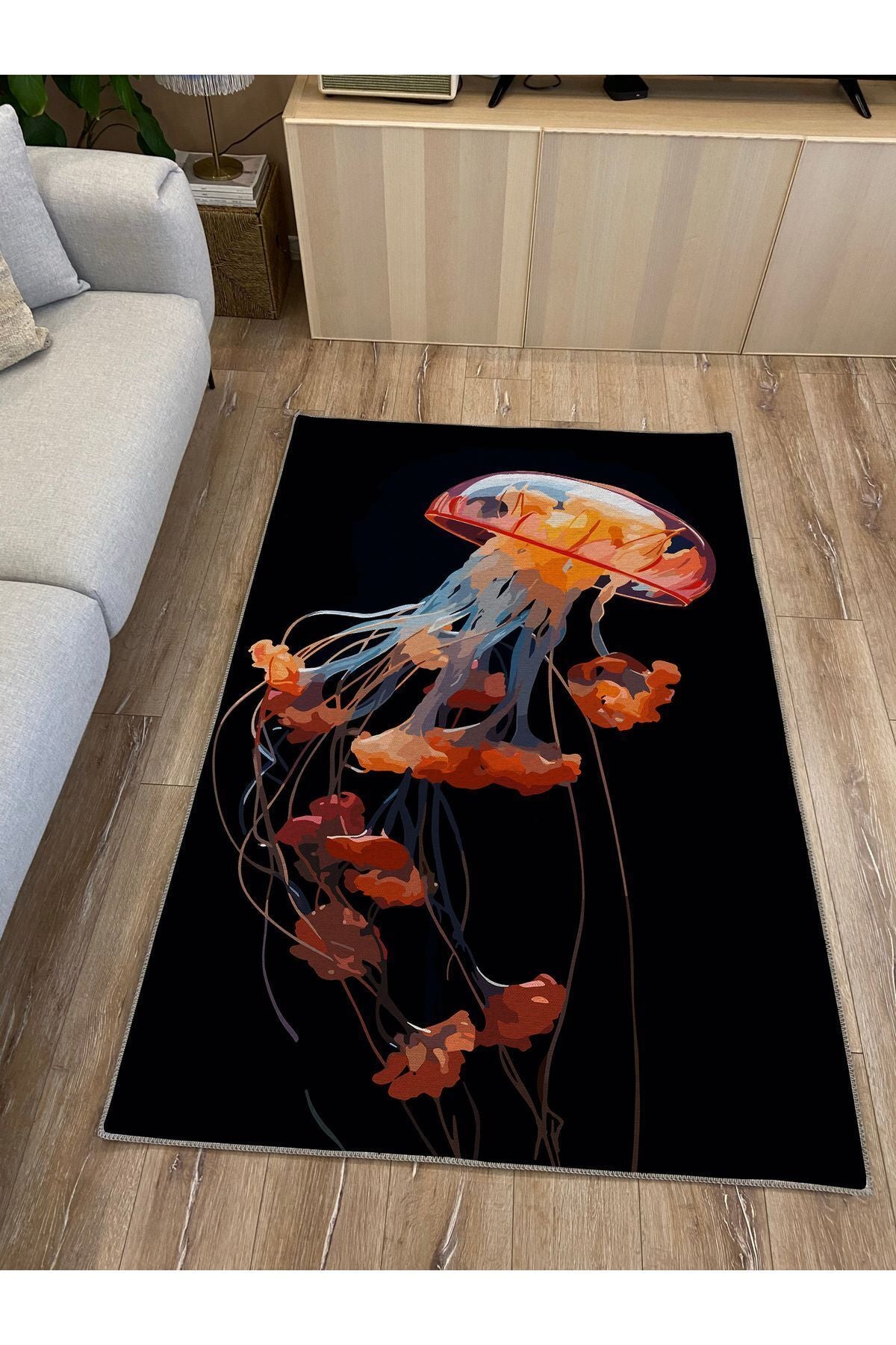 Halı Vagonu 42 Modern Stil Siyah Deniz Anası Salon Halısı Pelüş Halı Yıkanabilen Dekoratif Halı