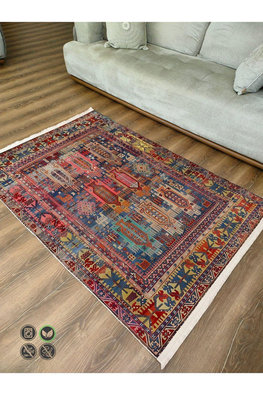 Halı Vagonu73 Fuşya Tonlarında Klasik Salon Halısı Saçaklı Yıkanabilen Dekoratif Halı - HALI VAGONU