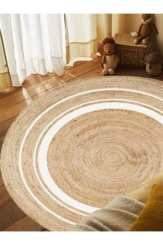 Boho 991 Natural Jüt Görünümlü Desen Üzerine Beyaz Halkalar Yuvarlak Natural Çift Taraflı Halı - HALI VAGONU
