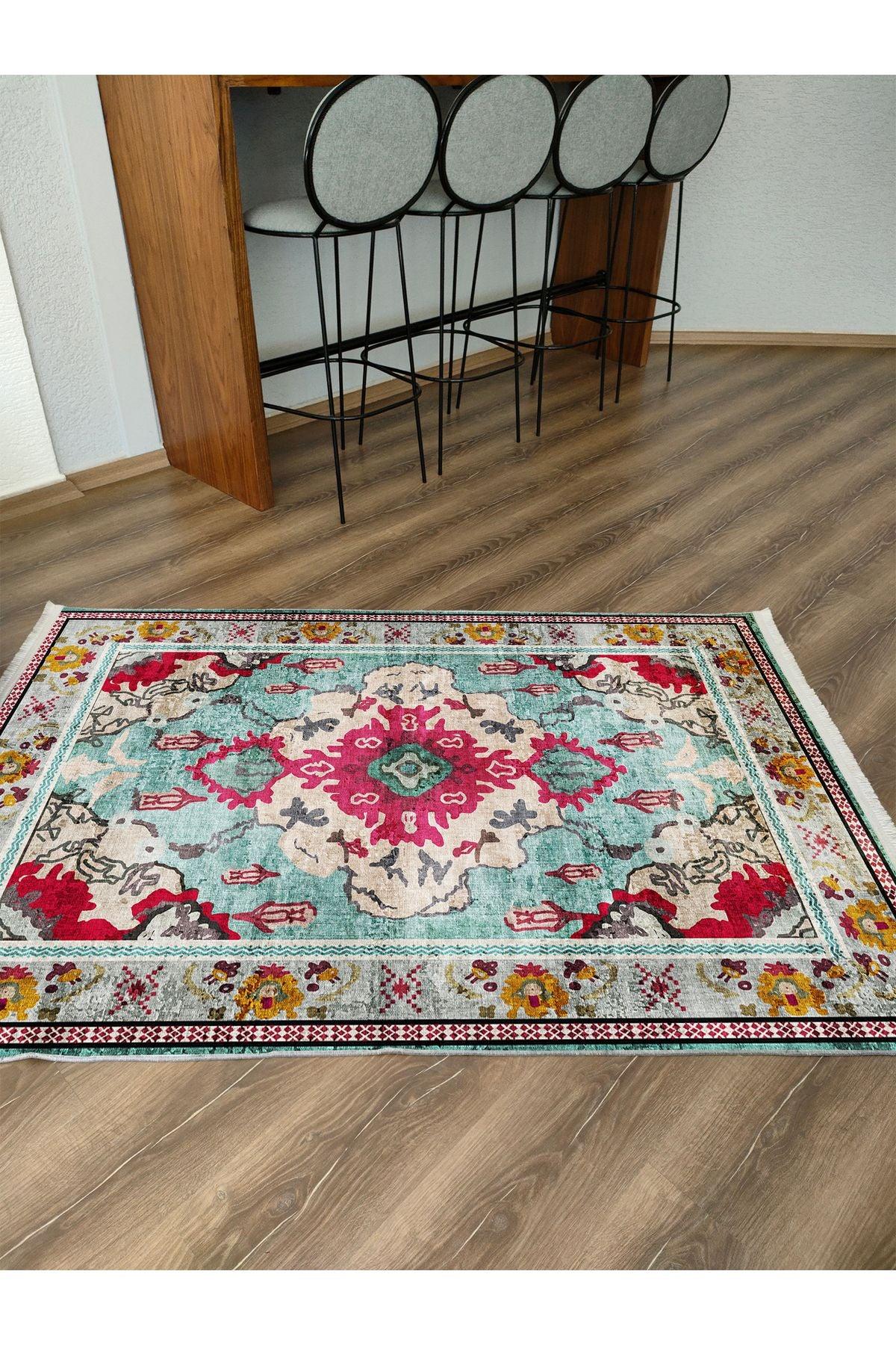 Halı VagonuTurkuaz ve Kırmızı Desenli Vintage Halı - Geleneksel ve Modern Tarz 2142 - HALI VAGONU