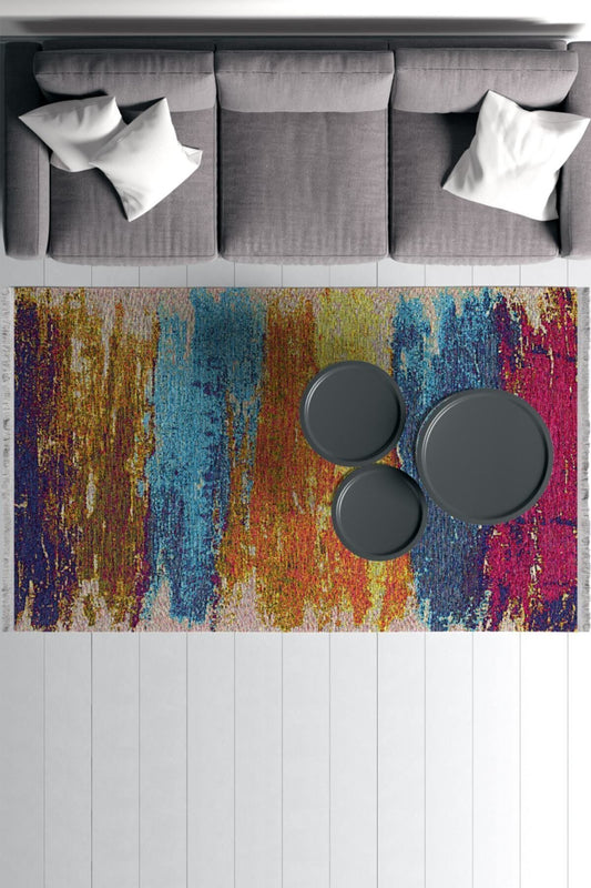 Halı Vagonu Serisi Hardal Ve Bordürlü Çiçek Desen Kaymaz Taban Şönil Halı