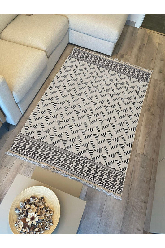 Cotton Kilim 14 Gri Zeminli Çizgili Desenli Dekoratif Yıkanabilen Dokuma Taban Kilim - HALI VAGONU