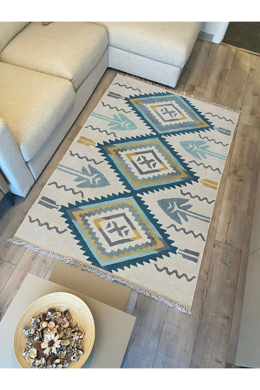 Cotton Kilim 12 Krem Zeminli Çizgili Desenli Dekoratif Yıkanabilen Dokuma Taban Kilim - HALI VAGONU