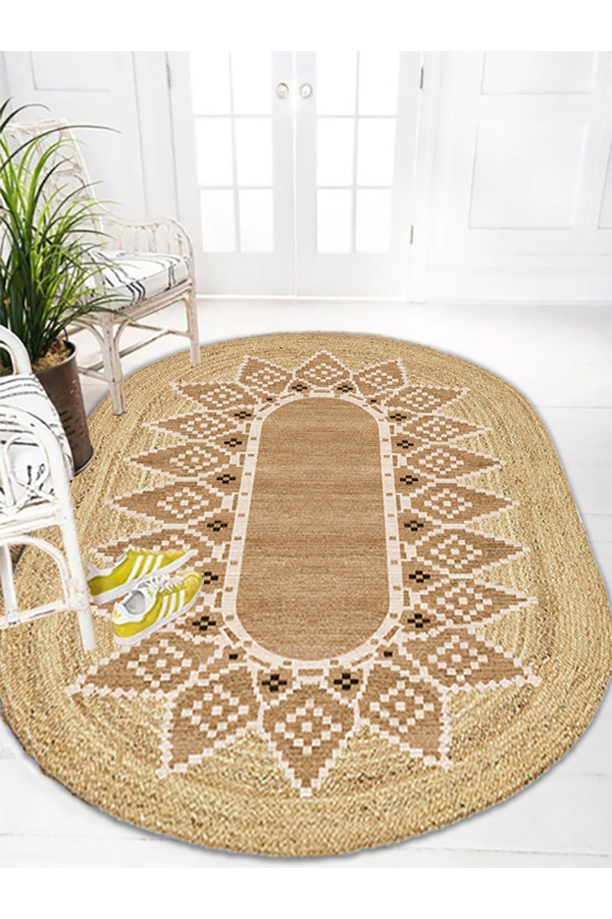Boho 980 Jüt Hasır Etnik Desenli Oval Jüt Örme Doğal Hasır Natural Oval Halı